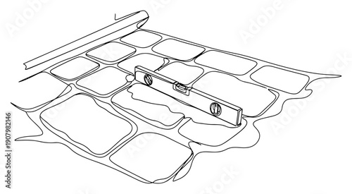 continuous line drawing of a spirit level tool placed on paving stones