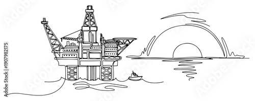 offshore oil drilling rig platform in the ocean at sunset continuous line