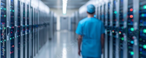 Healthcare professional in scrubs walking between server racks, representing medical data infrastructure, hospital IT systems, and digital healthcare technology.