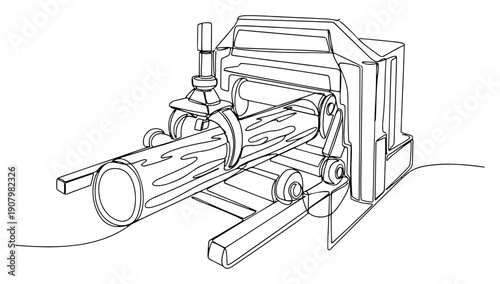 industrial wood processing machine cutting a large log in continuous line art style