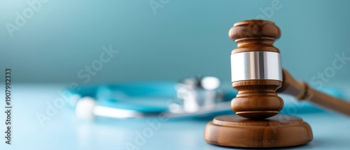Wooden judge gavel beside medical stethoscope on blue background, symbolizing healthcare law, medical malpractice, regulation, and legal accountability.