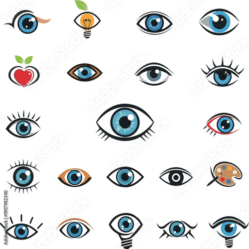 Create on Eye logo collection. Eyes graphic symbols, healthy vision and creative eyeball logo set on white background.