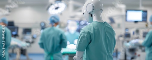 Humanoid robot observing surgeons in operating room, representing artificial intelligence in healthcare, robotic assistance, and future medical technology.