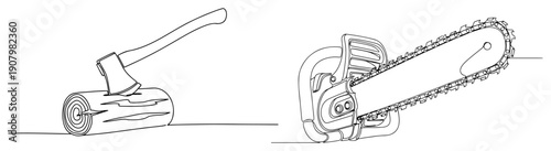 continuous line drawing of an axe stuck in a log next to a chainsaw