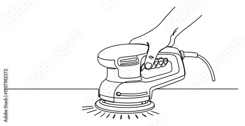 One line drawing of an electric orbital sander being used on a flat wooden surface