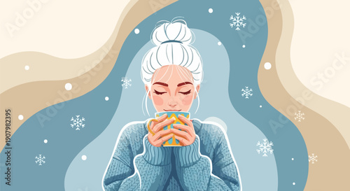 Vector illustration of a woman with white hair bun drinking hot beverage in a blue sweater with snowflakes and wavy winter background