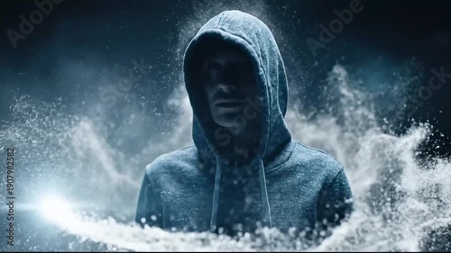 Hooded figure disappearing in dust particles
