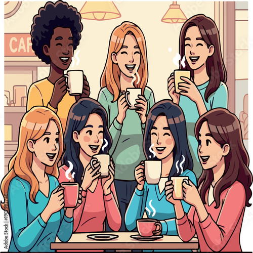 Create on Happy girls drinking coffee. Young woman female friends drink hot espresso or tea in mug, black lady morning break cartoon vector illustration.