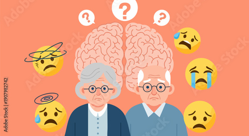 Elderly couple with brain and question marks, surrounded by sad and confused emoji faces, vector illustration for Alzheimer's or dementia awareness