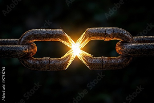 Brilliant glow emerges from a broken chain link, symbolizing hope and resilience