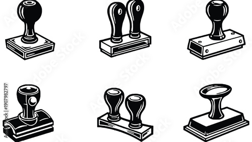 A collection of six different rubber stamps are displayed.