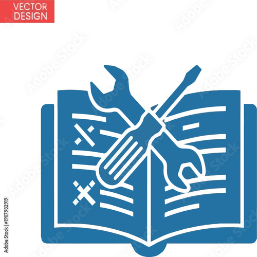 Create on Manual Repair Glyph Blue Silhouette Icon Design Vector - Open manual with wrench and screwdriver, symbolizing repair instructions, technical documentation, and DIY guidance.