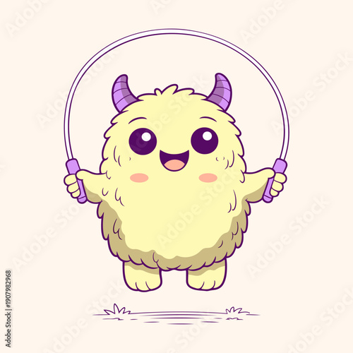 Cute Fluffy Monster Jumping Rope with Happy Expression on White Background