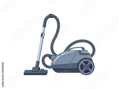 Gray canister vacuum cleaner illustration with hose and upright wand