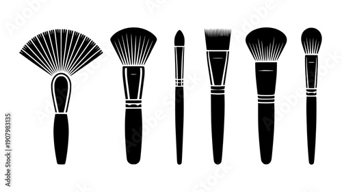 six makeup brushes, black and white vector illustration, fan brush, flat brush, angled brush, round brush, detail brush, powder brush, Isolated on transparent background, png