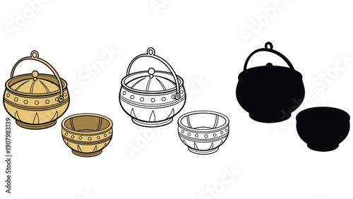 Three different styles of a pot and bowl set are displayed.
