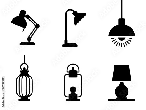 Black silhouette lamp icons, desk lamp, floor lamp, pendant light, table lamp, lantern, for design or website isolated PNG with Transparent Background