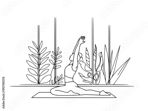 Continuous line drawing of woman practicing yoga outdoors with plants, for wellness or fitness banner isolated PNG with Transparent Background