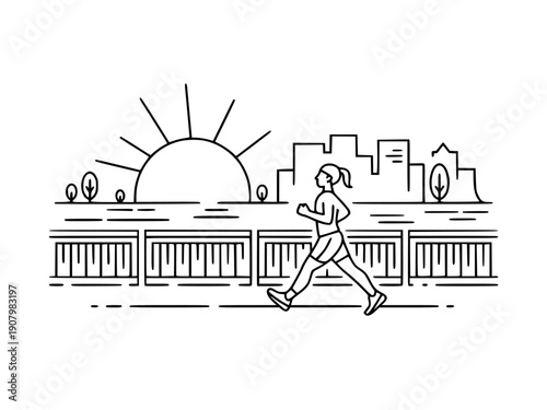 vector illustration of a woman jogging or running in a cityscape with a sunrise or sun, for fitness or sports banner or poster isolated PNG with Transparent Background