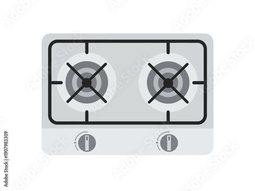 Stylized topdown view of a twoburner cooktop with control knobs