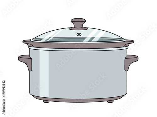 Illustration of a light gray slow cooker with a glass lid and brown trim