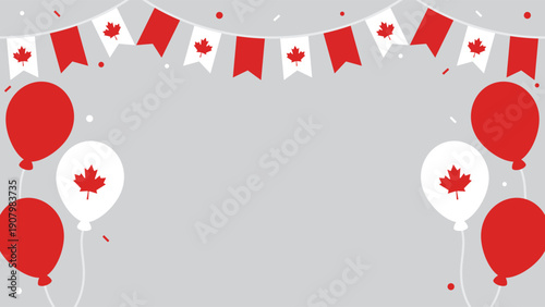 Cheerful Canada celebration background illustration with the Canada flag party bunting, balloons, and confetti. Flat design illustration.