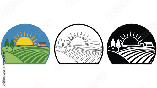 Farm colorful vector illustration set with sunset and fields