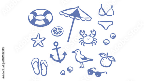 A collection of beach-themed illustrations including a life preserver, umbrella, and crab.