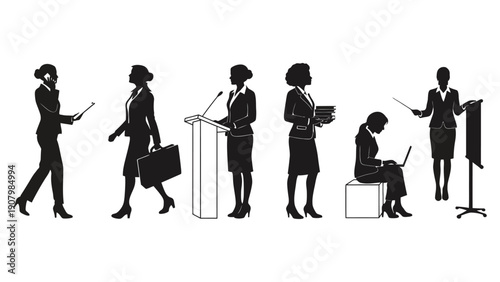 Businesswoman vector silhouettes in various professional settings and poses