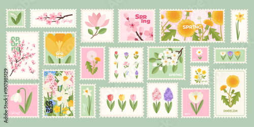 Canvastavla Botanical postage Stamp Set with beautiful Spring flowers, tulip, daffodil, crocus, hyacinth, bluebell, daisy, dandelion, lily of the valley