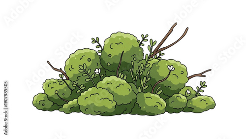 A cartoon illustration of green bushes and twigs from a frontal viewpoint
