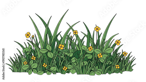 Illustration of lush green grass and vibrant yellow flowers in a natural setting from a close-up viewpoint