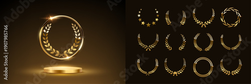 Gold award podium with laurel wreath in glowing round frame and set of golden wreaths. Luxury templates for product presentation, winner ceremony, honors branding. Elegant glamour vector illustration.