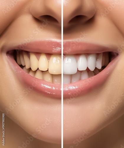 Close-up photo comparing yellowed, stained teeth before a dental procedure with bright white, perfect teeth after professional cosmetic treatment.