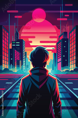 A young man stands alone in a futuristic cityscape at sunset