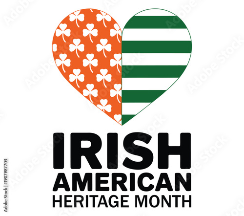  Irish American Heritage Month design featuring heart divided into orange shamrock pattern and green striped motif, bold typography symbolizing cultural pride, unity, and immigrant legacy