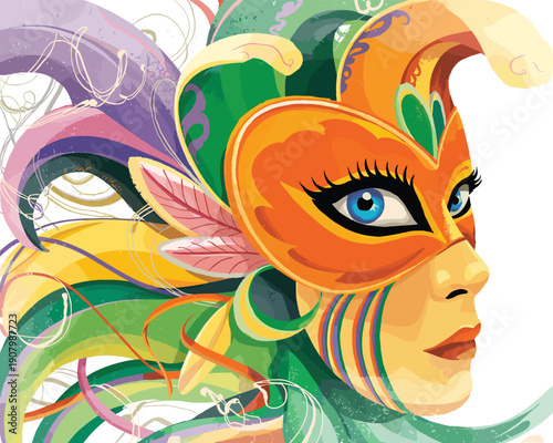 Beautiful woman wearing colorful carnival mask with feathers for Brazilian Rio festival masquerade party celebration event and cultural holiday performance, flat vector illustration