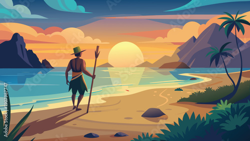 A cartoon man walks along a serene beach at sunset with a staff