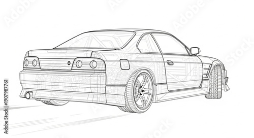 Sketch of a modern sports car from a rear three quarter view.