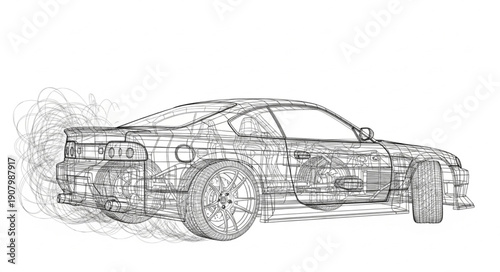 Sketch of a sports car in motion with smoke effect.