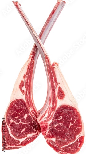Grass-fed lamb chops with elegant bone presentation and deep red flesh with natural fat marbling, representing premium quality lamb, isolated on white background.