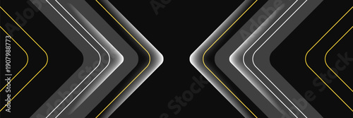 Black wide abstract horizontal banner with gray and orange lines, arrows and angles. Dark modern sporty bright futuristic horizontal abstract background. Wide vector illustration EPS10.