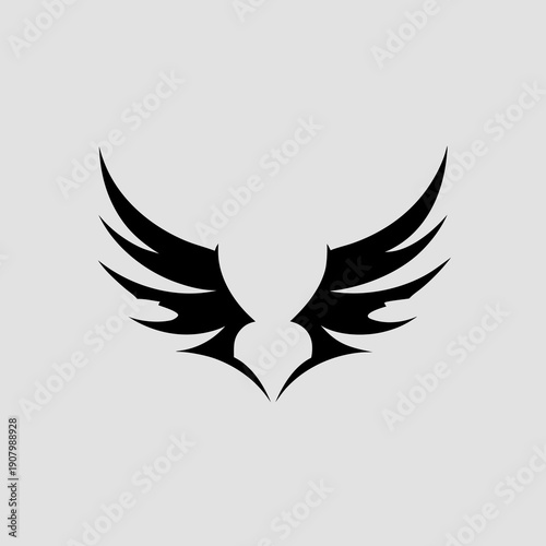 A black bird like logo on a gray background