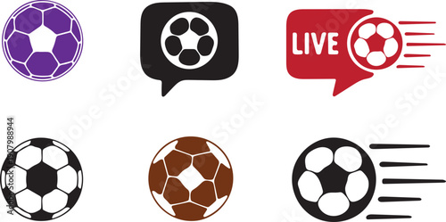 Collection of soccer ball icons in various colors and styles including a live broadcast