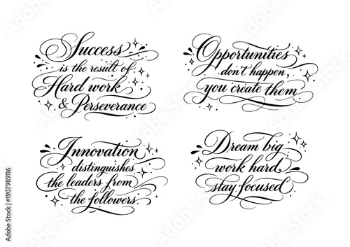 Inspirational calligraphy quotes about success, opportunity, innovation, and dreams