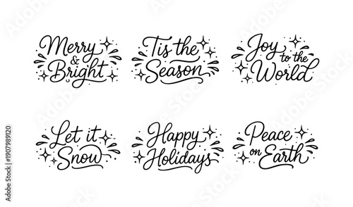 Collection of six festive Christmas and holiday calligraphy phrases with decorative elements