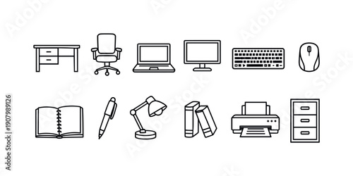 Collection of office and study icons, including desk, chair, laptop, and printer
