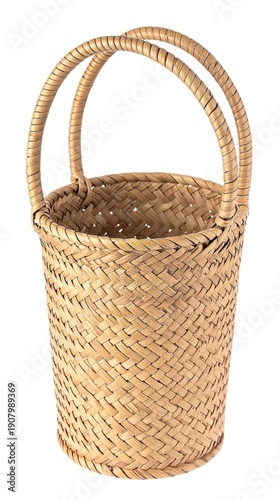 Handmade Rattan Basket Isolated on White Background, Natural Eco-Friendly Home Storage Organizer and Traditional Craft Product