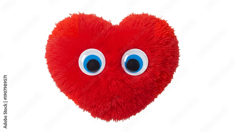 Fototapeta premium A red, fuzzy heart-shaped object with googly eyes on a transparent background viewed from the front