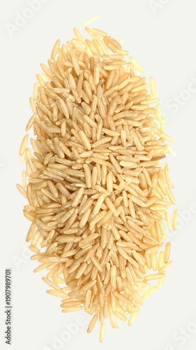Organic long-grain brown rice with intact bran layer and natural light brown hue, showcasing whole grain perfection and nutritional integrity, isolated on clean white background.